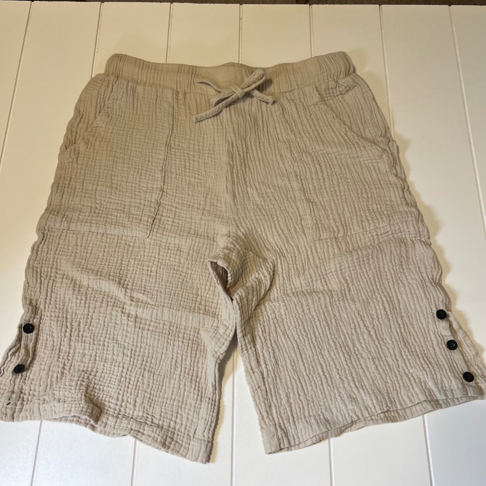 Womens Beige Cotton Blend Gauze Textured Drawstring Shorts Side Button Detail S